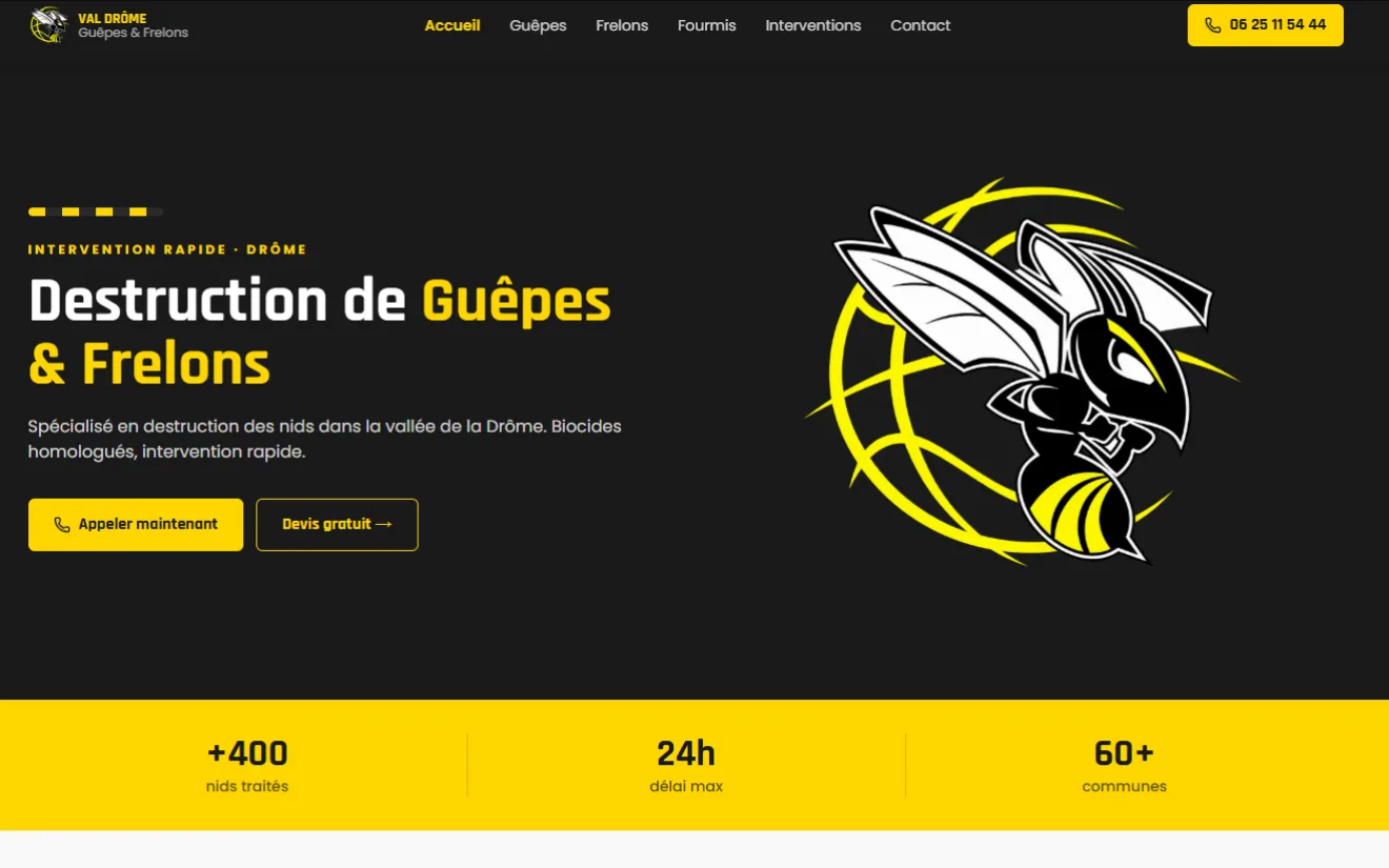 Capture du site internet de Val Drôme Guêpes Frelons, réalisé par SOS IT Services
